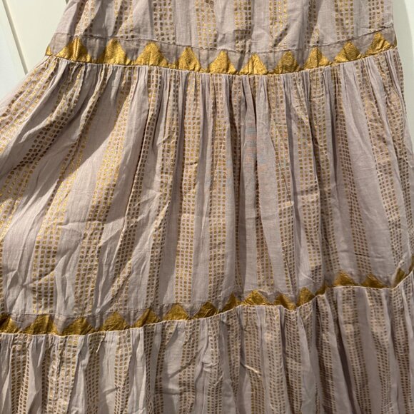 Oliphant Grey and Gold Flutter Sleeve  Belted Dress - Picture 13 of 14